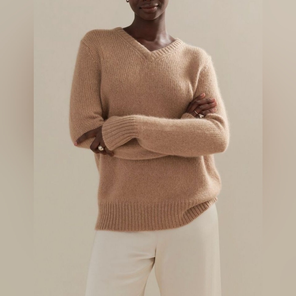 NWT Jenni Kayne Cashmere Kate V-Neck Sweater Small-Medium Caramel Tan Oversized - Picture 9 of 11